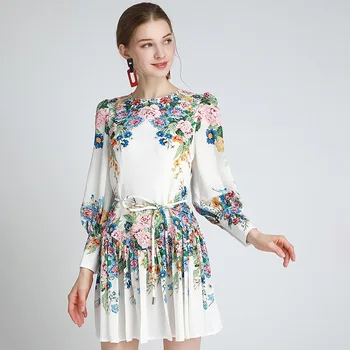 Runway Fashion Designer dress Women's Lace Up Dress Lantern Sleeve Floral Print Slim Vintage Dresses 2020
Runway Fashion Designer dress Women's Lace Up Dress Lantern Sleeve Floral Print Slim Vintage Dresses 2020