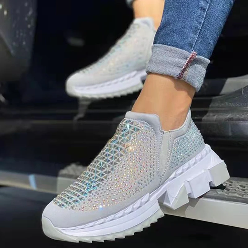 Autumn Women's Platform Sneakers Fashion Rhinestone Slip on Flat Running Shoes Mesh Breathable Casual Vulcanized for Woman | Обувь