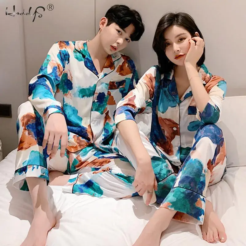 

Couple Silk Satin Pajamas Pyjamas Set Long Sleeve Sleepwear Pijama Homewear Women And Men Sleep 2PC Set Loungewear Plus Size Pjs
