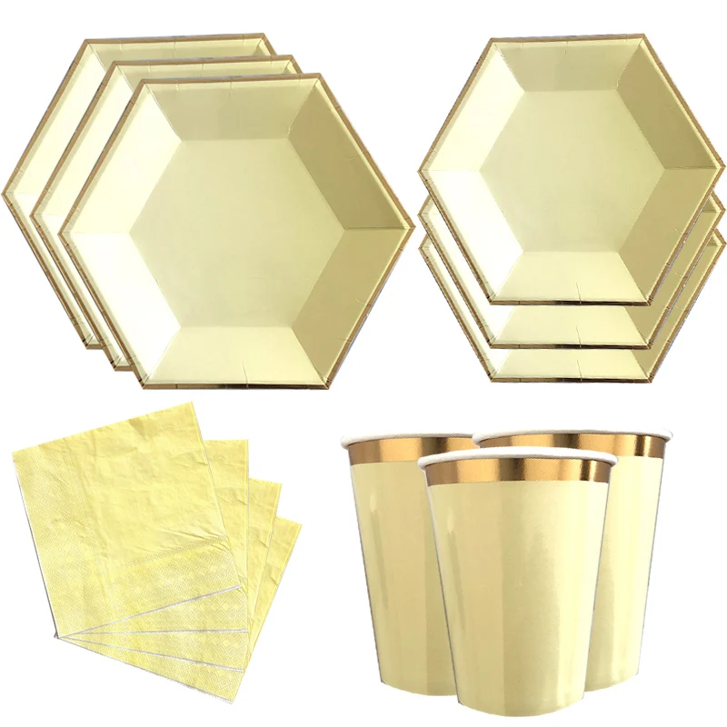 Фото 64 шт./компл. желтый набор одноразовой посуды тема бумажные тарелки для вечеринки