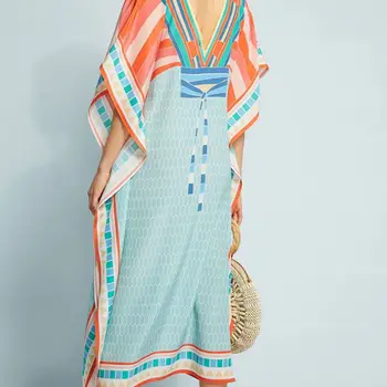 

Women Sexy V-Neck Backless Kaftans Swimsuit Cover Up Colored Honeycomb Geometric Printed Beach Maxi Dress Side Split Flowy Robe