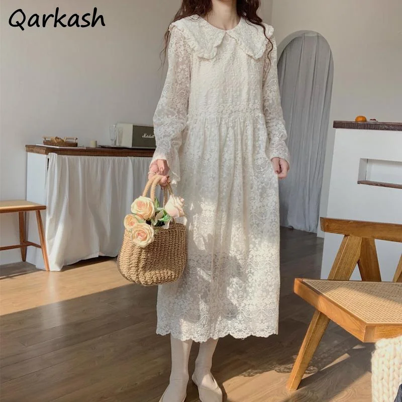 

Long Sleeve Dress Women Lace Design All-match Solid Simple Peter Pan Collar Girls Lovely Holiday Leisure Daily Ulzzang Trendy