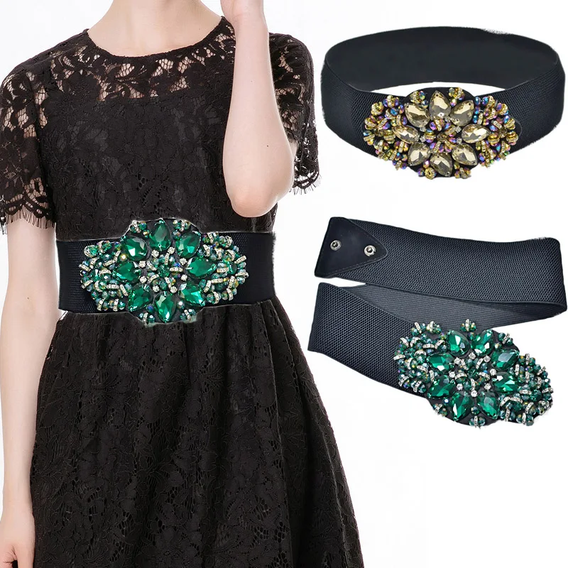 

Luxury Gold Crystal Wide Belts New Design Cluster Beaded Women Sweet Waistband Fashion Emerald Rhinestone Belt for Women