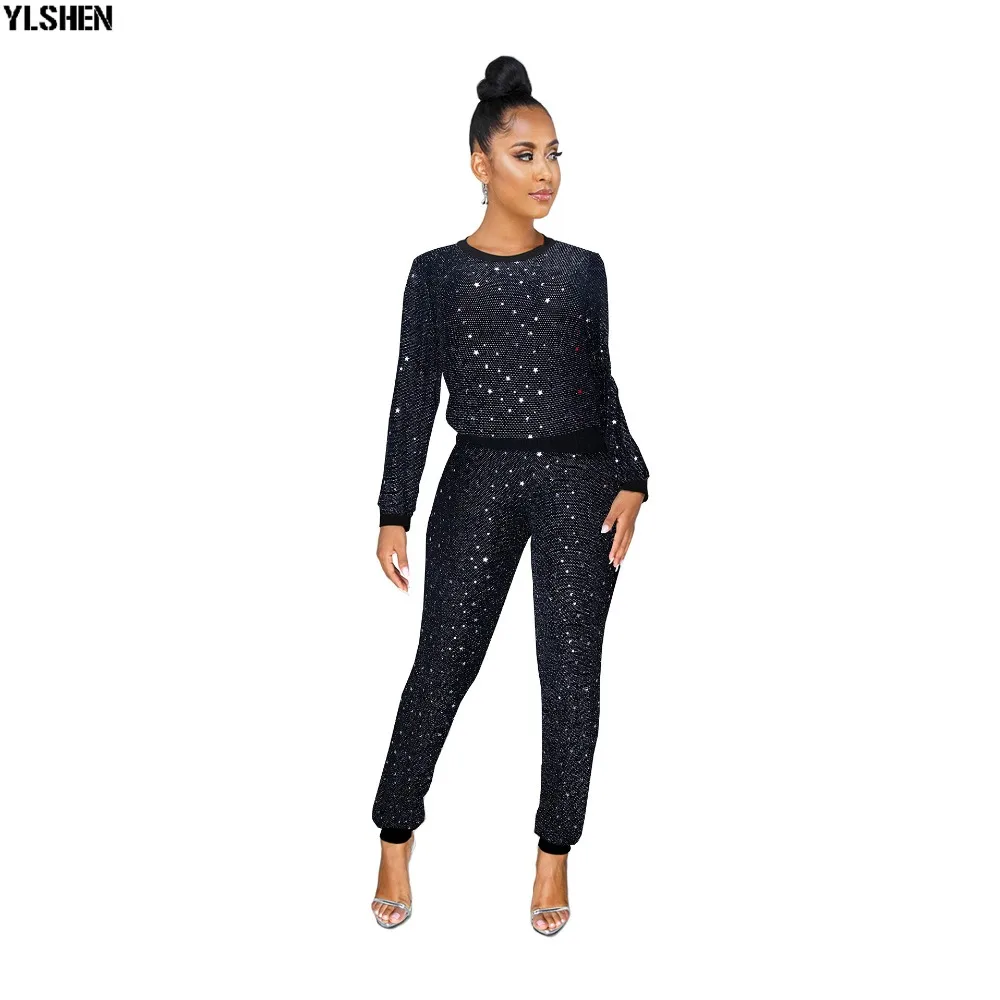 2 Two Piece Set Women Tracksuit Sexy Sequins Long Sleeve Clothes Plus Size Club Outfits Tops +Pants Sweat Suits Matching Sets 07