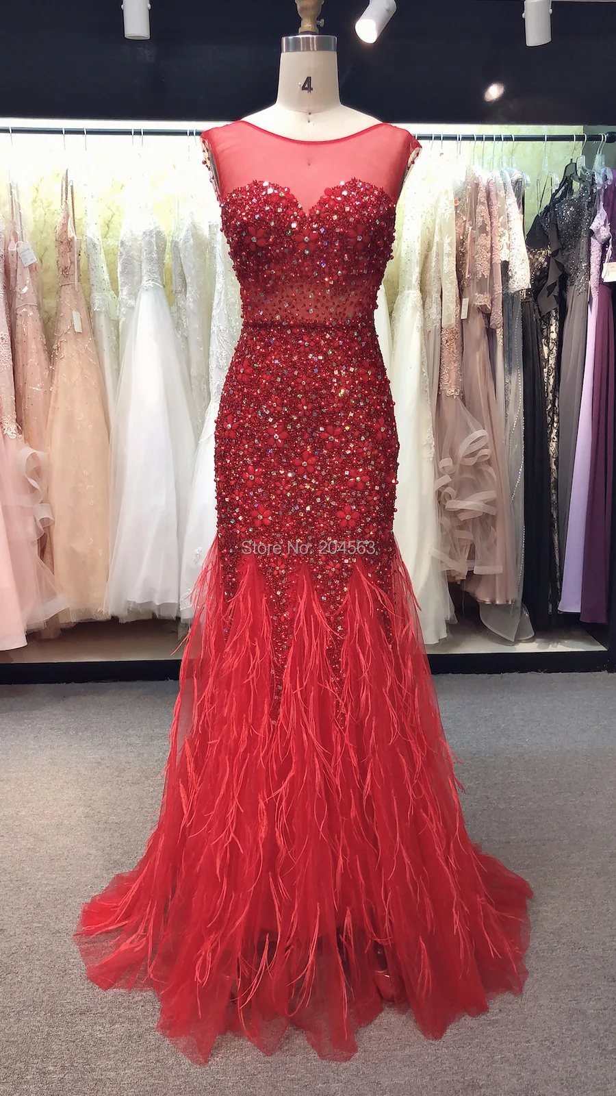 

O neck Mermaid Evening Dress with Lace and Appliques New Arrive Charming Evening Gown with Feather Skirt