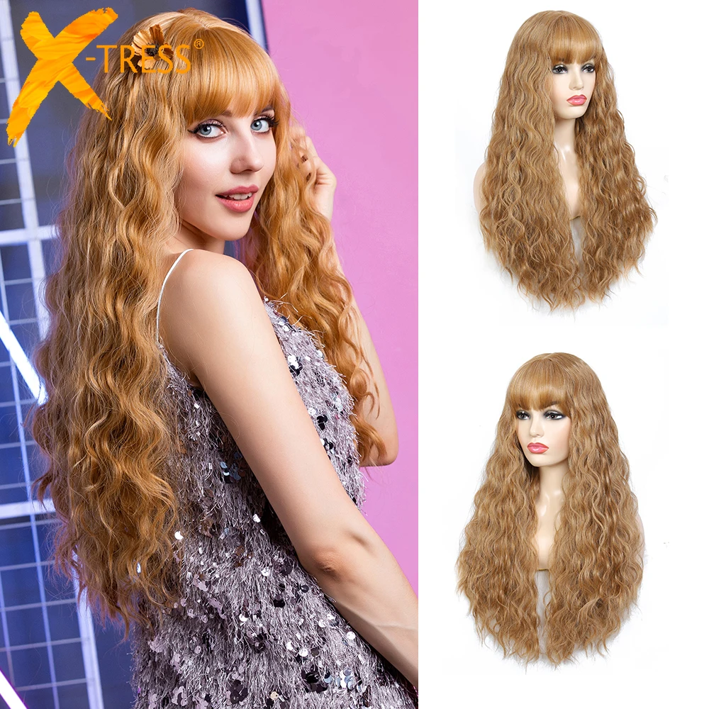

X-TRESS Strawberry Honey Blonde Wig With Bangs Long Curly Synthetic Fringe Wigs For White Women Cosplay Costume Hairstyle 18/24"