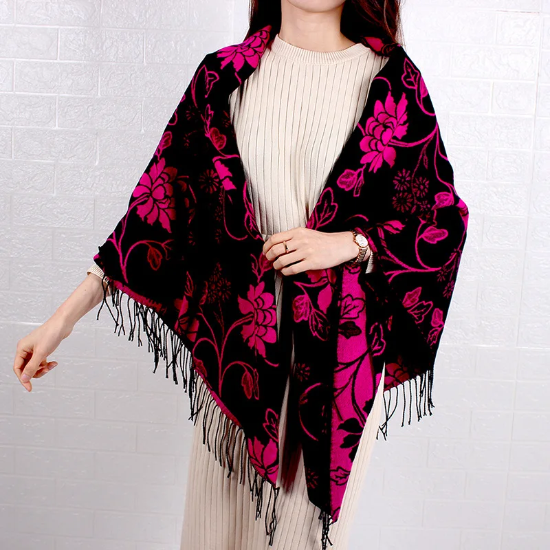 

Reversible Jacquard Flower Women Pashmina Tassels Chal Shawls Scarf Warm Poncho Mujer Bufanda 2021 Autumn New Muffler Cape