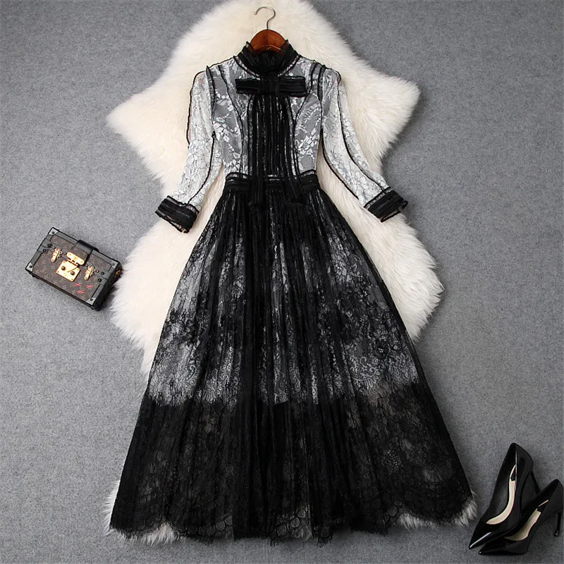 Womens High Quality Runway Dress 2019 Spring Autumn Fashion White Black Color Block Bow Collar Mid-Calf Lace Party Dresses
Womens High Quality Runway Dress 2019 Spring Autumn Fashion White Black Color Block Bow Collar Mid-Calf Lace Party Dresses
