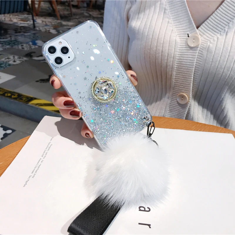 3D Diamond Holder stand Glitter Hairball soft phone case for iphone X XR XS 11 Pro Max 6 7 8 plus for samsung S8 S9 S10 Note A50 (11)