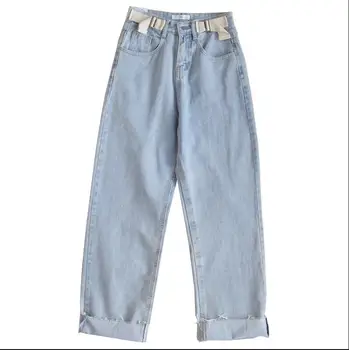 Jeans girl trousers high waist loose student Korean belt straight pants 
Jeans girl trousers high waist loose student Korean belt straight pants