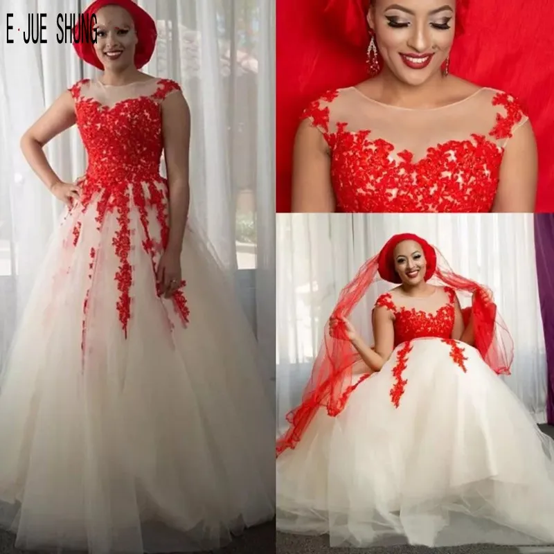 Фото Свадебные платья E JUE SHUNG с красной аппликацией женское платье без рукавов круглым