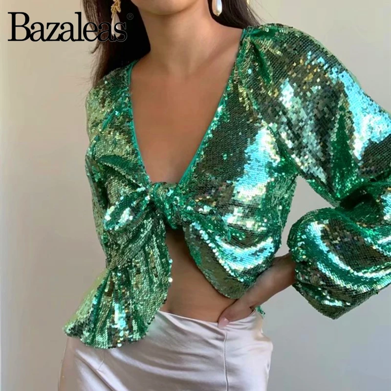 Фото Bazaleas Vintage Bright Appliques Green Cropped Blouse Fashion V Neck blouse women harajuku Chic Center Bow ropa mujer | Женская одежда