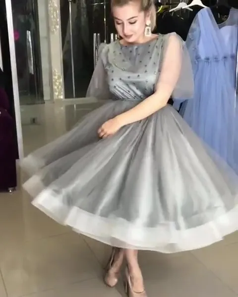 Grey Tea Length Short Prom Dress Beaded Half Sleeves O-Neck Formal Evening Dresses Women Plus Size Party Cocktail Gowns 
Grey Tea Length Short Prom Dress Beaded Half Sleeves O-Neck Formal Evening Dresses Women Plus Size Party Cocktail Gowns