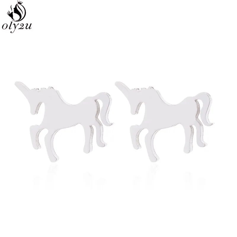 Oly2u Unique Charm Jewelry Cute Unicorn Earrings for Women Stainless Steel Animal Horse Stud Earrings oorbellen brinco