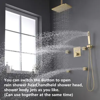 Thermostatic 4 Pcs Body Jet Rectangular 12 x 8 Inch Ceiling Rainfall Shower System Set Brushed Gold Finish
Thermostatic 4 Pcs Body Jet Rectangular 12 x 8 Inch Ceiling Rainfall Shower System Set Brushed Gold Finish