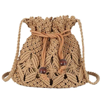 

Women Bucket Woven Bag Straw Shoulder Bag Drawstring Hobo Beach Travel Bag,Crossbody Bag Lady Small Bags Khaki