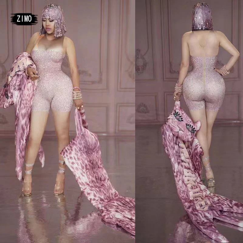 Костюм для танцев drag queen розовый комбинезон стрейч полная стразы женское трико |