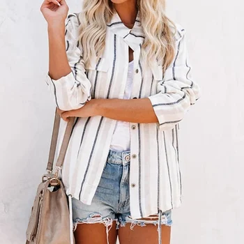 Cotton and Linen Women Striped Shirts Turn-down Collar Long Sleeve Drawstring Pocket Female Shirt Office Casual England Lady Top 
Cotton and Linen Women Striped Shirts Turn-down Collar Long Sleeve Drawstring Pocket Female Shirt Office Casual England Lady Top