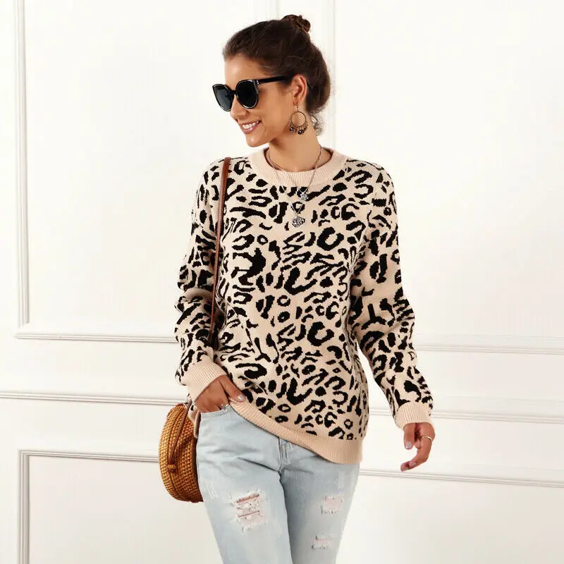 Зимний вязаный свитер с леопардовым принтом женские свободные свитера круглым