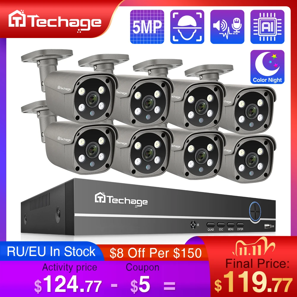 Techage 8CH 5MP HD POE NVR Kit CCTV Security System Two Way Audio AI Face Detect IP Camera Outdoor Video Surveillance Camera Set
Techage 8CH 5MP HD POE NVR Kit CCTV Security System Two Way Audio AI Face Detect IP Camera Outdoor Video Surveillance Camera Set