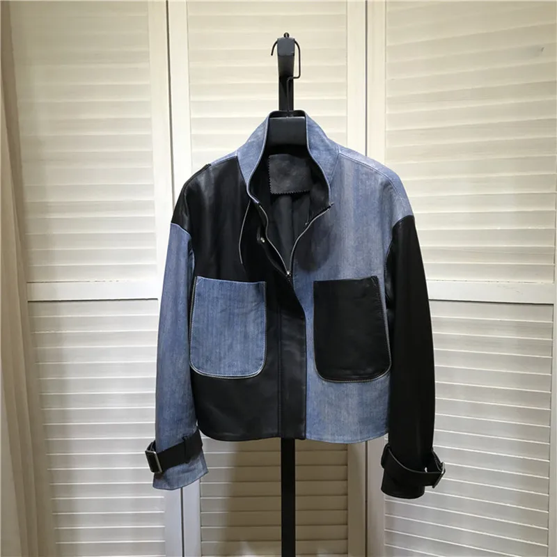Europe Style Women Autumn Denim color patchwork leather jackets High quality pockets Genuine leather women coat C504
Europe Style Women Autumn Denim color patchwork leather jackets High quality pockets Genuine leather women coat C504