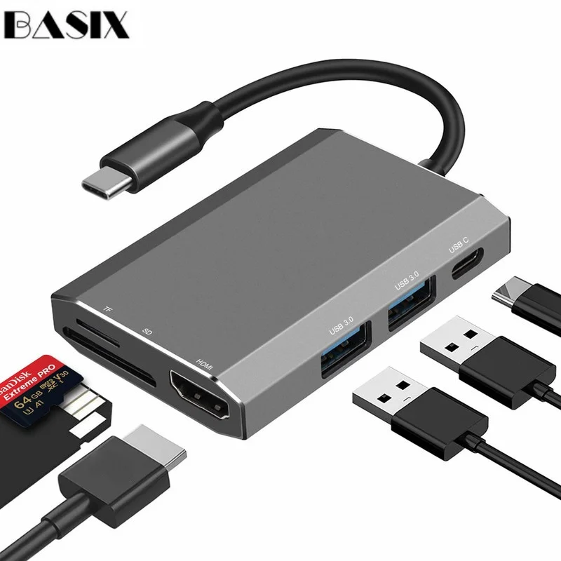 Basix USB 3 1 Type C концентратор Usb к HDMI-совместимый USB3.0/SD TF карта/PD адаптер для ноутбука