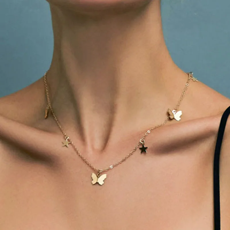 Фото Животное бабочка звезда ключицы ожерелье для женщин Винтаж золотой сплав колье