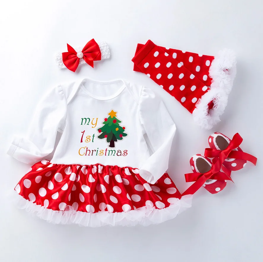 

Long Sleeves Baby Girls Satin Polka Dots Tutu Dress My First Christmas Princess Outfit Shoes Bowknot Headband Red Leg Warmers