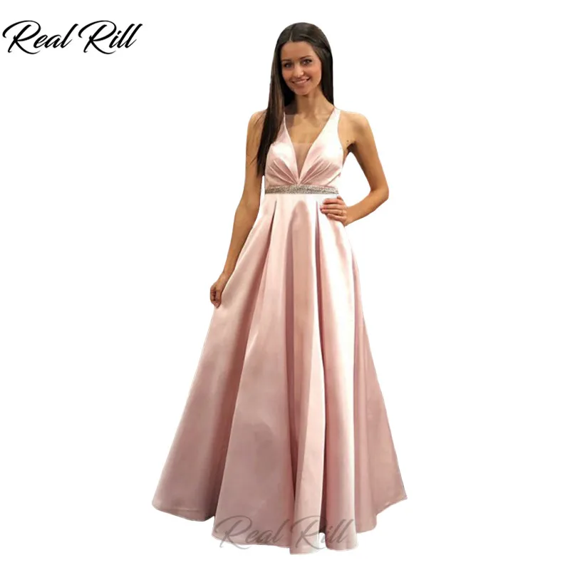 Real Rill V-Neck Prom Dresses 2019 Long Evening Gown With Beading Sash Lace Up Back Floor Length Satin A-Line Dress For Party 
Real Rill V-Neck Prom Dresses 2019 Long Evening Gown With Beading Sash Lace Up Back Floor Length Satin A-Line Dress For Party