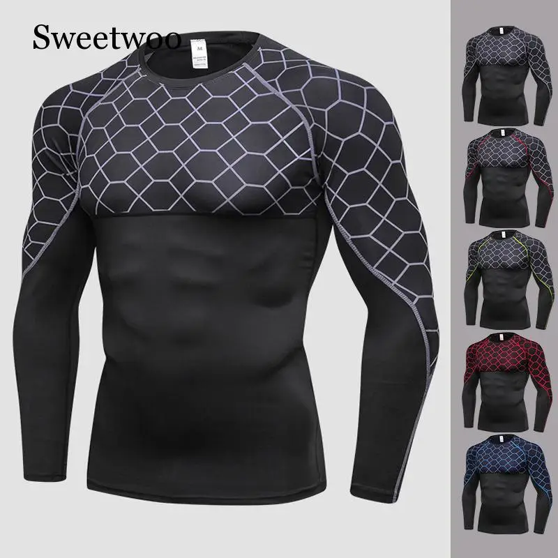 

Men's Top Fitness Print Splicing Long Sleeve Running Training Quick Dry High Elastic Tights Bodybuilding Sports T-Shirt Male