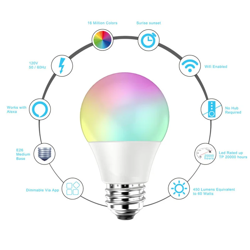 WiFi Smart Light Bulb E27/E26/B22 Lamp RGB Multicolor LED bulb 7W Compatible for Google home Alexa control by smart life
WiFi Smart Light Bulb E27/E26/B22 Lamp RGB Multicolor LED bulb 7W Compatible for Google home Alexa control by smart life