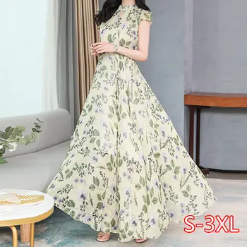Female Chiffon Dress 2020 New Women Summer Temperament Short Sleeve Stand Collar Slim Waist Slim Print Chiffon Long Maxi Dress 
Female Chiffon Dress 2020 New Women Summer Temperament Short Sleeve Stand Collar Slim Waist Slim Print Chiffon Long Maxi Dress