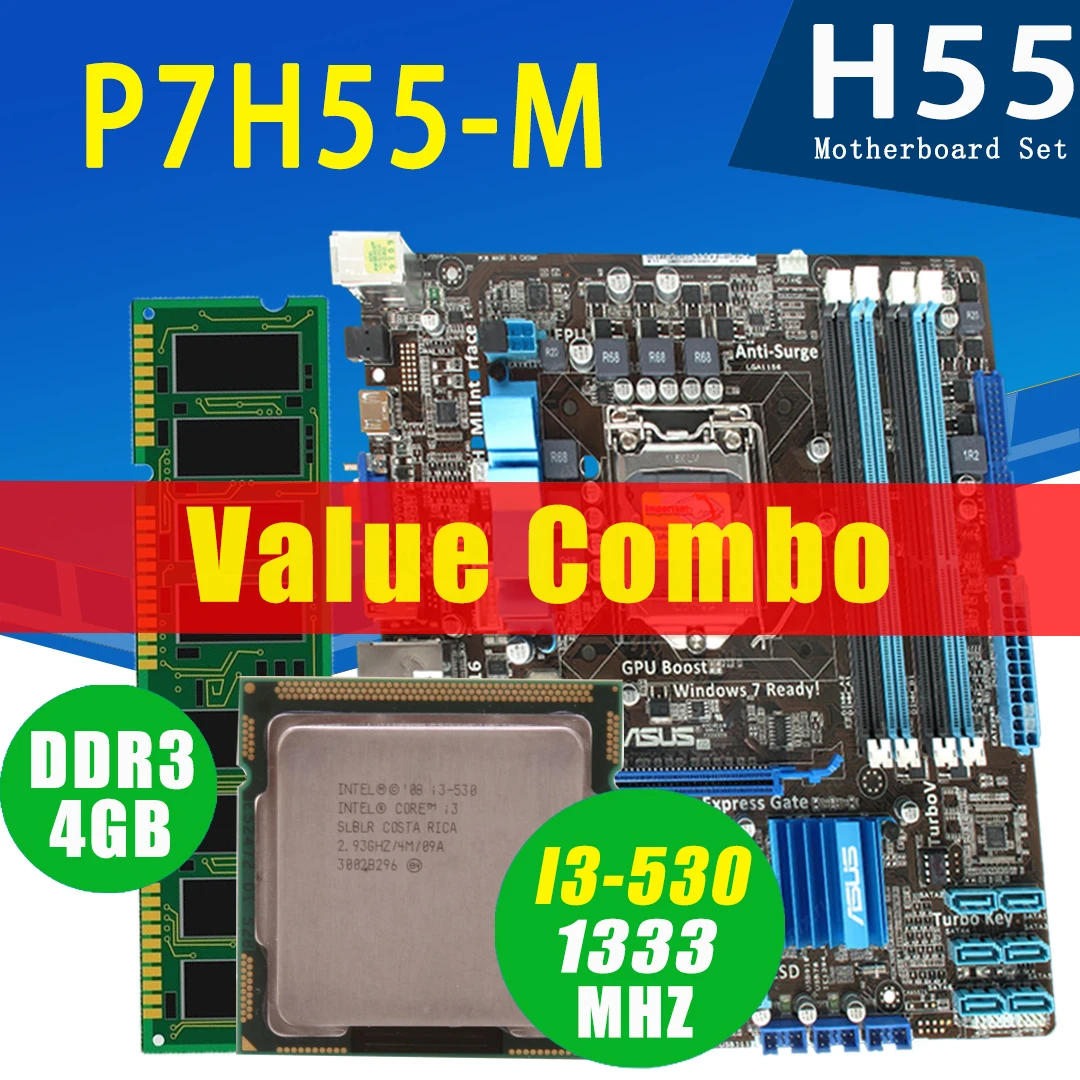 Материнская плата Asus P7H55-M бывшая в употреблении с процессором Intel Core i3 530 4 Гб DDR3 2 93