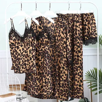 Sexy ladies 5 pieces pajamas set autumn Leopard print lace ice satin silk women pajamas set with chest pads home suit
Sexy ladies 5 pieces pajamas set autumn Leopard print lace ice satin silk women pajamas set with chest pads home suit