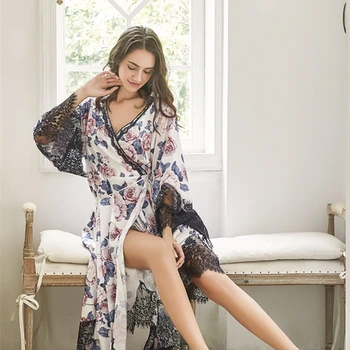 Robe Lady Flower Satin Lace Nightgown Sleepwear Women Romantic Robe Women 
Robe Lady Flower Satin Lace Nightgown Sleepwear Women Romantic Robe Women
