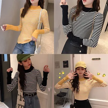 Women Autumn Spring Stripes Print Slim Long Sleeved Half High Collar Slim Casual Sweater
Women Autumn Spring Stripes Print Slim Long Sleeved Half High Collar Slim Casual Sweater