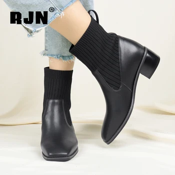 

RJN New Chelsea Ankle Boots High Quality Breathable Cow Leather Mid-heel Boots Square Toe Comfortable Anti-skid Shoes WomenRC809