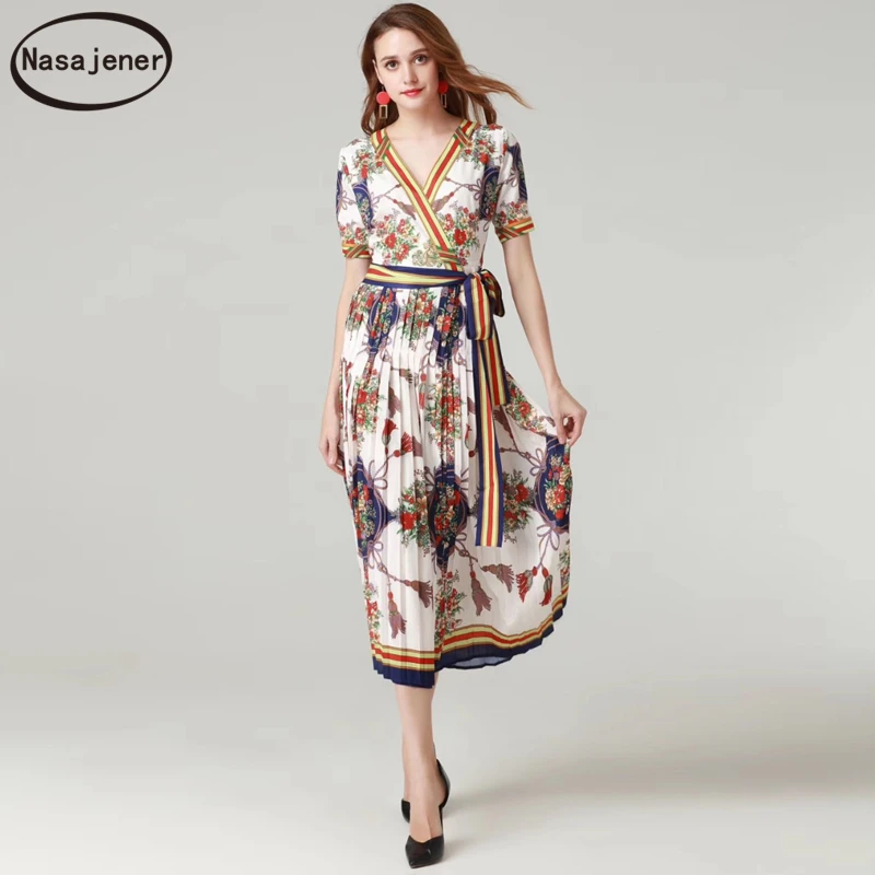 2019 Fashion Runway Summer Midi Dress Women's Cross V Neck Printed Bow Tie High Waist Elegant Vintage Ladies Pleated Dresses
2019 Fashion Runway Summer Midi Dress Women's Cross V Neck Printed Bow Tie High Waist Elegant Vintage Ladies Pleated Dresses