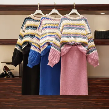 Plus Size Autumn Knitted Sweaters Loose 2 Piece Set Runway Women Rainbow Stripes Pullover Tops + Skirt Two Piece Set Knit Suit
Plus Size Autumn Knitted Sweaters Loose 2 Piece Set Runway Women Rainbow Stripes Pullover Tops + Skirt Two Piece Set Knit Suit