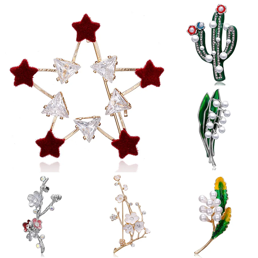 

Rinhoo Imitation Pearl Plant Brooches Green Enamel Cactus Flower Branch Metal Pin Brooch Lapel Dress Collar Badge Jewelry Gift