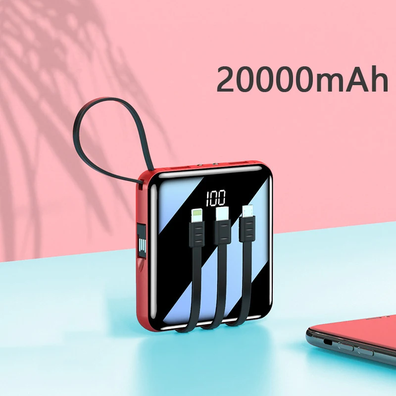 

20000mAh Power Bank with 4 Cable External Battery Charger Mini Powerbank For Huawei iPhone 11 X Samsung S10 S20 Xiaomi Poverbank