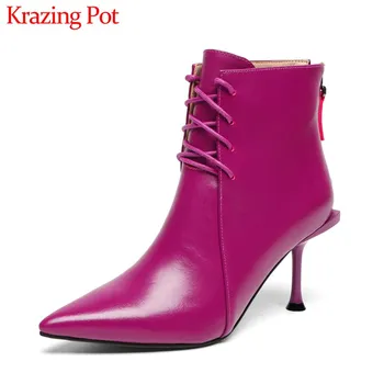 Krazing Pot Princess style fashion sexy pointed toe stiletto high heels genuine leather back zip lace up brand ankle boots L18
Krazing Pot Princess style fashion sexy pointed toe stiletto high heels genuine leather back zip lace up brand ankle boots L18