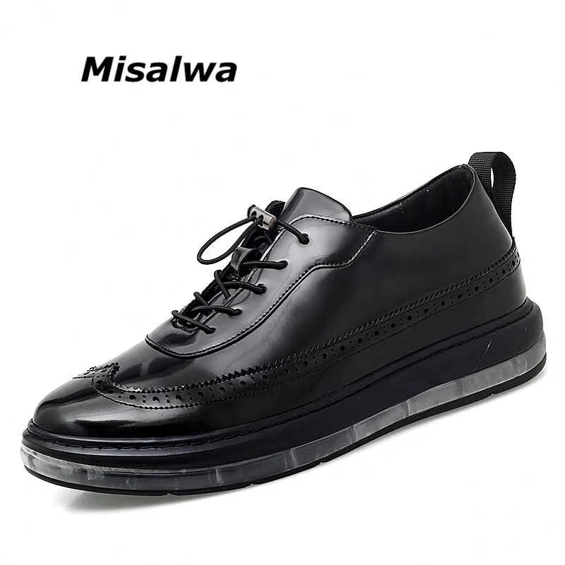 

Misalwa Height Increased Elevator 5CM / Flat Normal Men Sneaker PU Leather Glossy Brogue Trendy Men Shoes Cushion Casual British