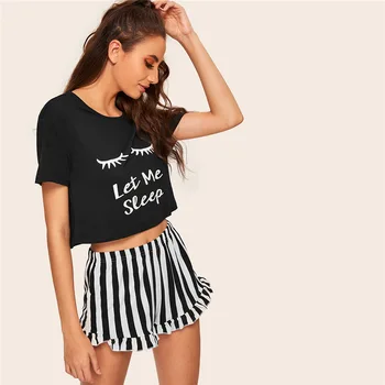 Summer Women Patchwork Sleepwear Black Graphic Tee Frilled Striped Shorts PJ Round Neck Short Sleeve Set 2020
Summer Women Patchwork Sleepwear Black Graphic Tee Frilled Striped Shorts PJ Round Neck Short Sleeve Set 2020