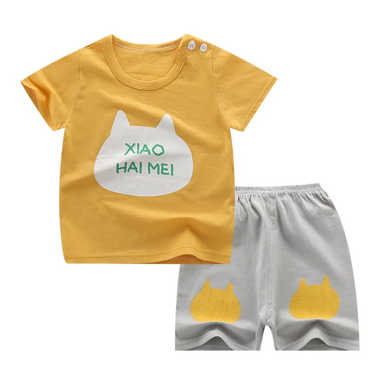 2Pcs/set Cat Printed Short-sleeved T-shirt+Shorts Outfits Summer 100% Cotton Newborn Baby Boys Girls Clothes Suit | Мать и ребенок