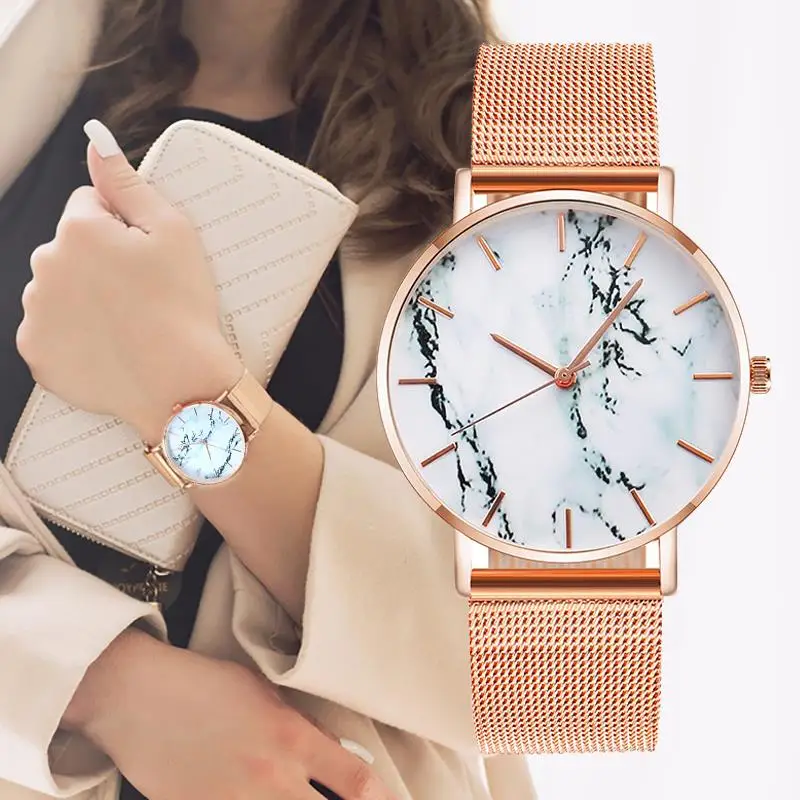 Модные женские наручные часы из розового золота с сеткой креативные мраморные