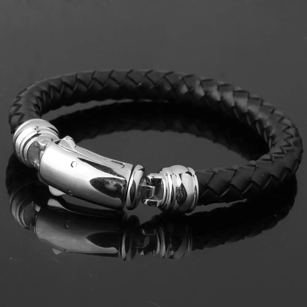 

New Classic Men Hand-craft Genuine Leather Bracelet Stainless Steel Fashion Button Clasp Bangles Jewelry Dropshipping