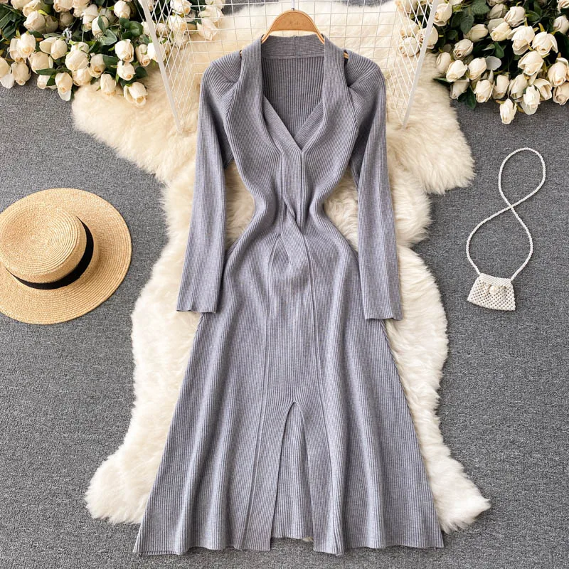 

Croysier Winter Long Sleeve Thick Warm Ribbed Knitted Dress Women Sexy Cold Shoulder V Neck Twist Elegant Midi Dress With Slit