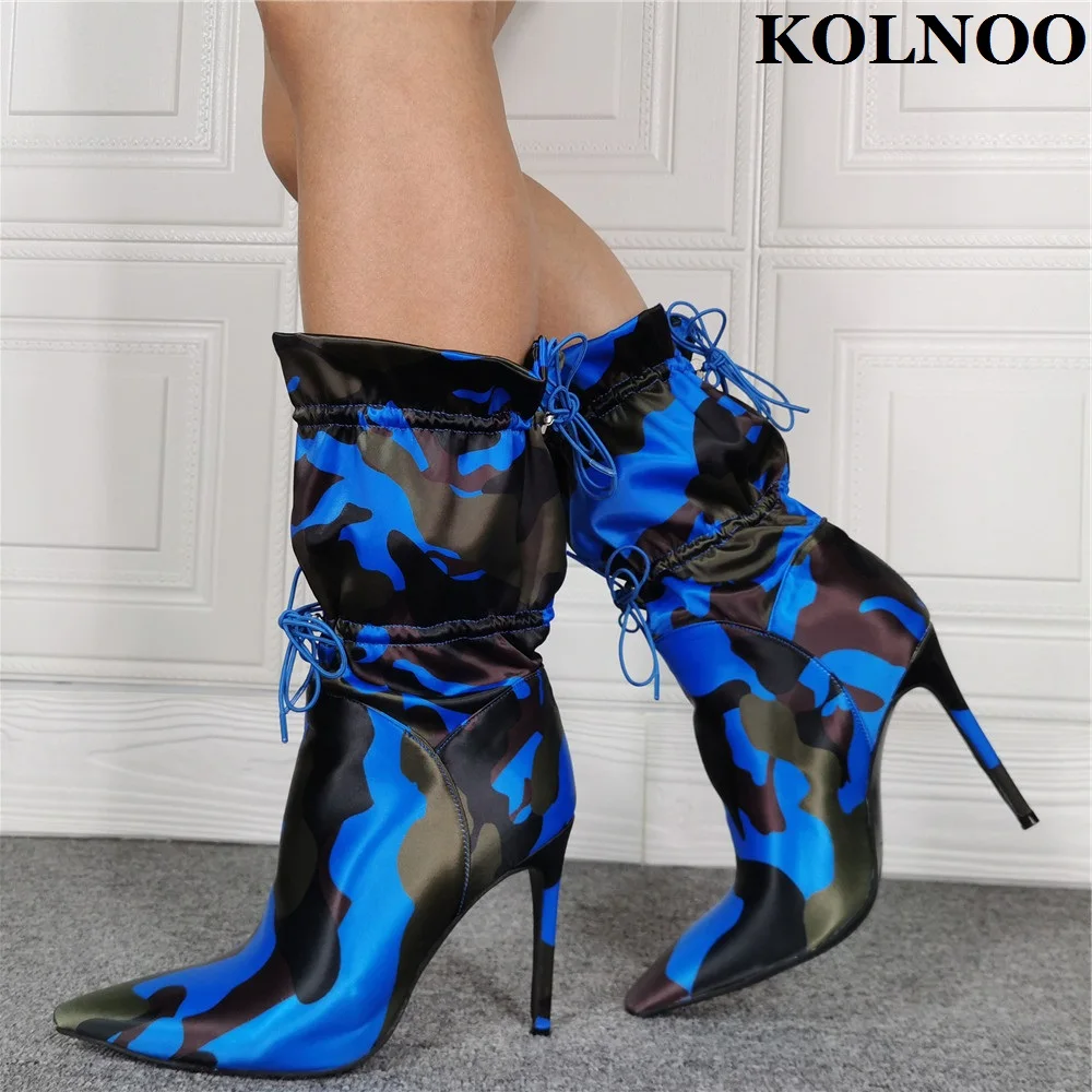 

Kolnoo New Womens Real Photos Ladies High Heels Boots Camouflage Style Elastic Shoelace Party Dress Boots Fashion Autumn Shoes