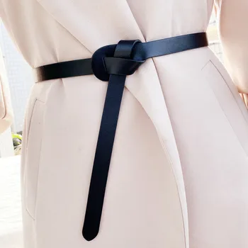 

Women Fashion Knotted Real Leather solid Belt Thin long Belts cowskin knot design dress accessories coat strap cowhide waistband